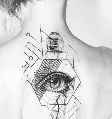 点线几何后背灯泡眼睛纹身图案