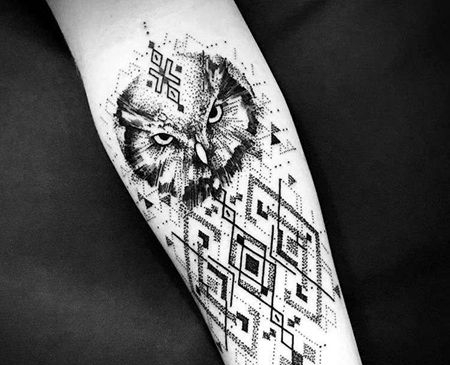 点刺几何小臂猫头鹰纹身图案