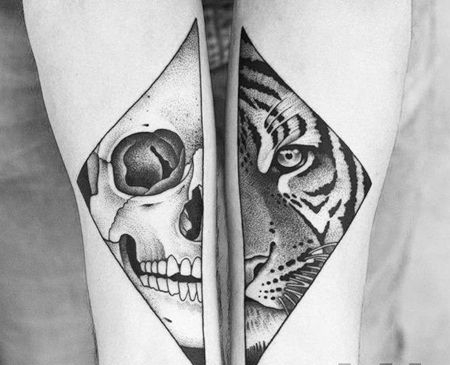 点刺小臂骷髅老虎纹身图案