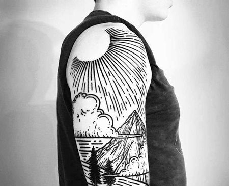 线条大臂云山纹身图案