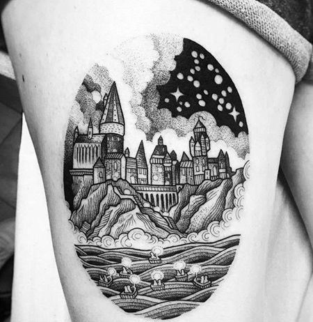 点刺线条大腿海建筑纹身图案