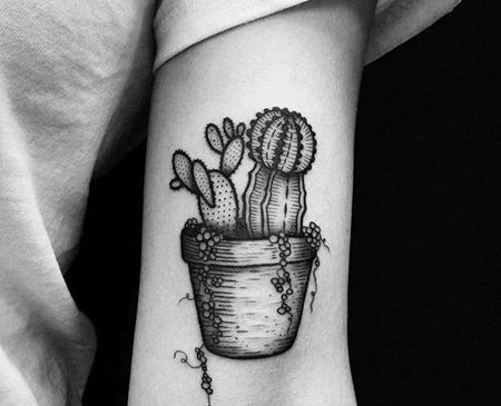 小清新线条小臂仙人掌纹身图案