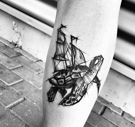 点线小腿海龟帆船纹身图案