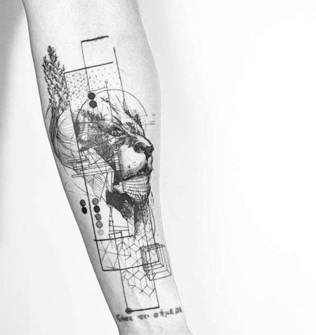 点线几何小臂狮子纹身图案