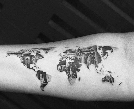 点刺写实小臂地图人像纹身图案