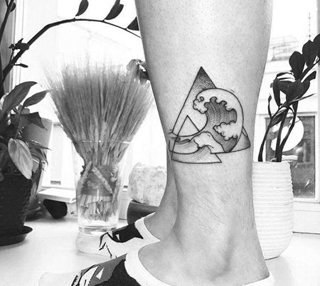 点线几何脚踝海浪纹身图案