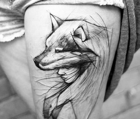 线条大腿狐狸人像纹身图案