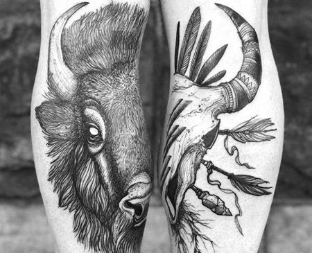 点线小腿牛骷髅纹身图案