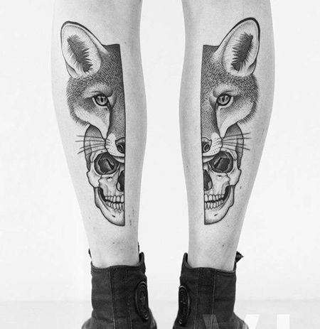 点刺小腿狐狸骷髅纹身图案