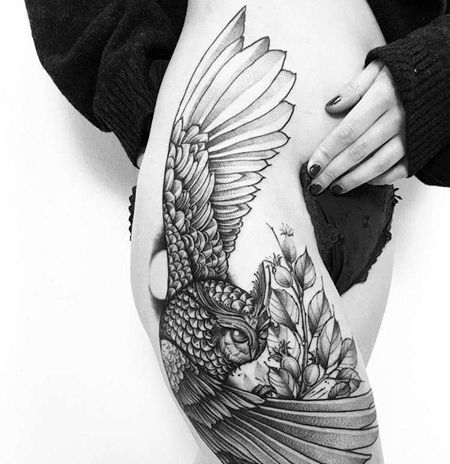 点线大腿猫头鹰纹身图案