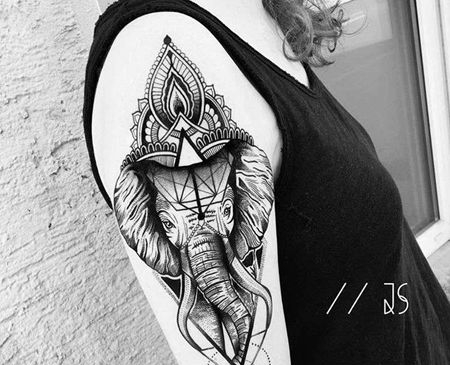 点线几何大臂大象纹身图案