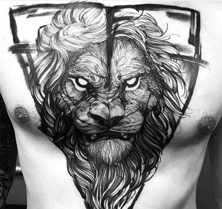 点线胸口狮子纹身图案