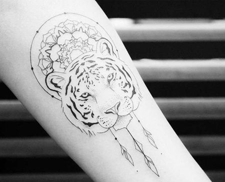 点刺线条大臂老虎纹身图案