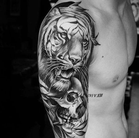 点刺大臂老虎骷髅纹身图案
