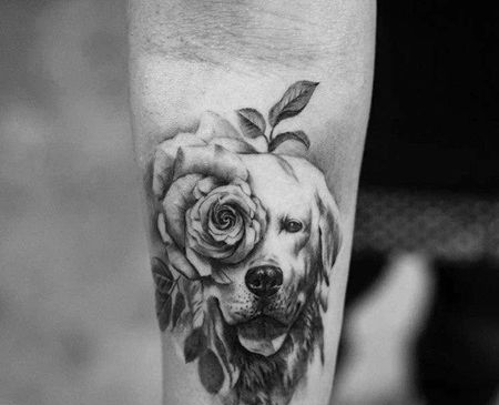 写实小臂狗花卉纹身图案