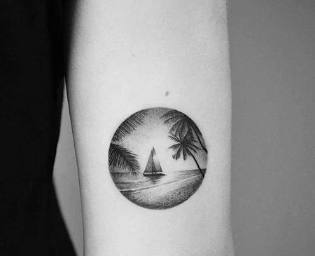 点刺小臂海帆船椰子树纹身图案