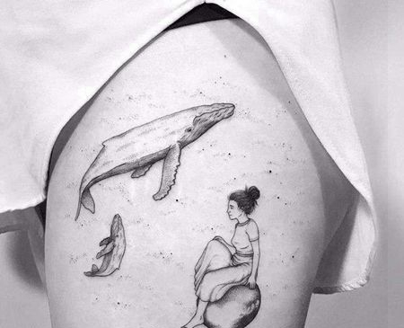 点线大腿鲸鱼人像纹身图案