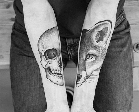 点刺小臂狐狸骷髅纹身图案