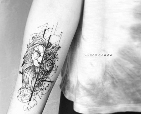 点线小臂狮子猫头鹰纹身图案