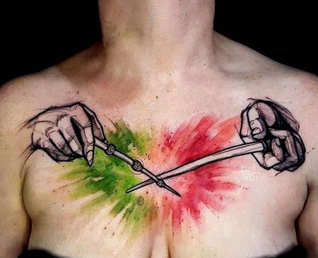 点线水彩锁骨手纹身图案