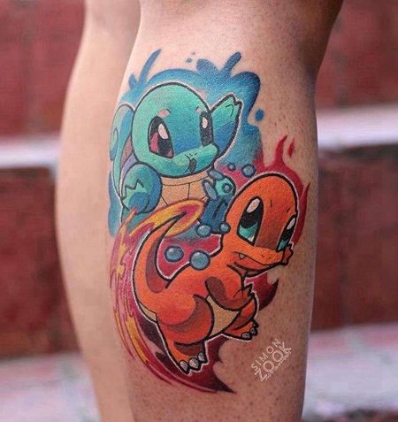 卡通小腿杰尼龟小火龙纹身图案