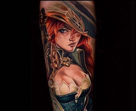 卡通大腿英雄联盟赏金猎人纹身图案