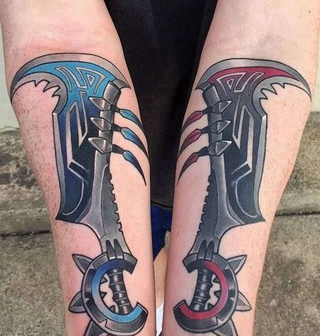 卡通小臂英雄联盟德莱文斧子纹身图案