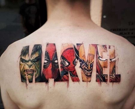 卡通后背漫威绿巨人死侍钢铁侠蜘蛛侠纹身图案