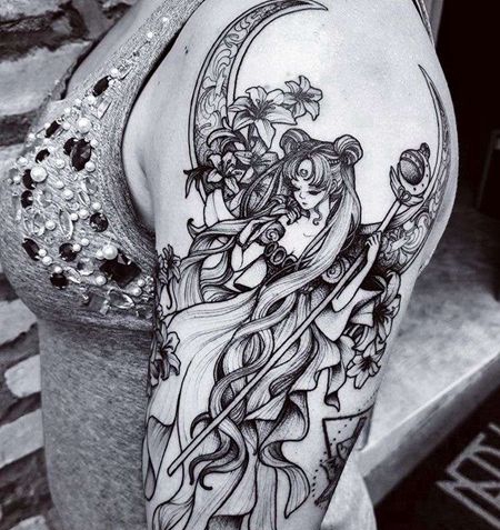 卡通点线大臂美少女战士水冰月纹身图案