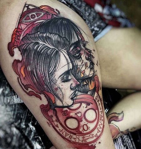 卡通点线大腿人像纹身图案