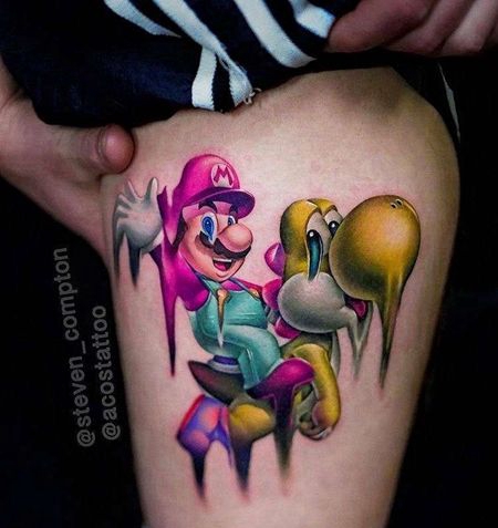 卡通大腿超级玛丽纹身图案