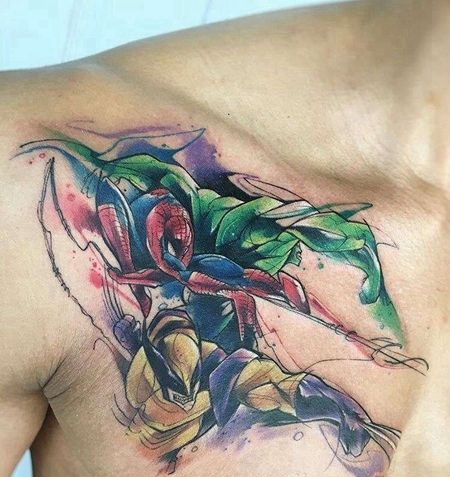 卡通前胸漫威绿巨人蜘蛛侠纹身图案