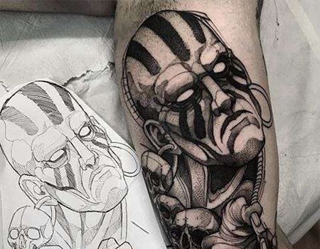 点刺大腿人像骷髅纹身图案