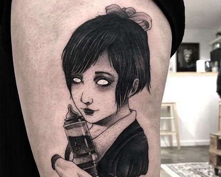 卡通大腿点刺人像纹身图案