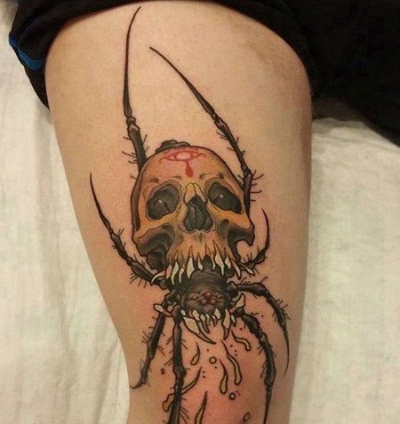 卡通大腿骷髅蜘蛛纹身图案