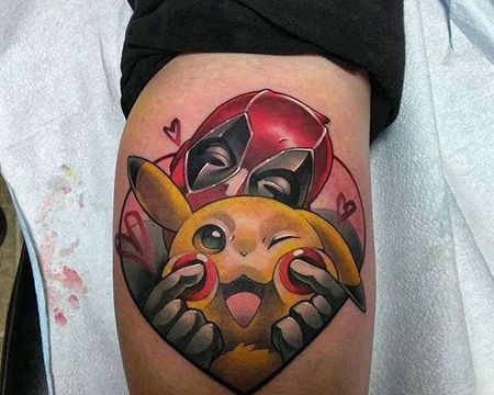 卡通小腿皮卡丘死侍纹身图案