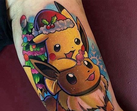 卡通小腿神奇宝贝皮卡丘伊布纹身图案