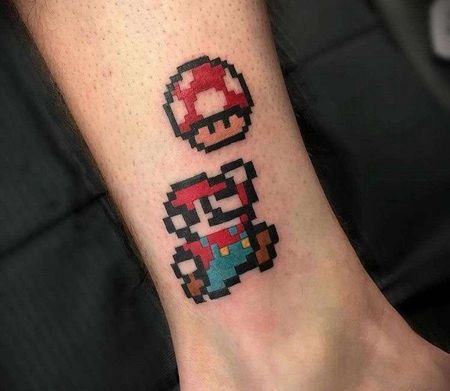 卡通小腿像素超级玛丽纹身图案