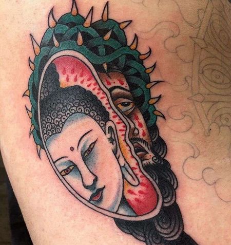 Old School大腿耶稣佛纹身图案