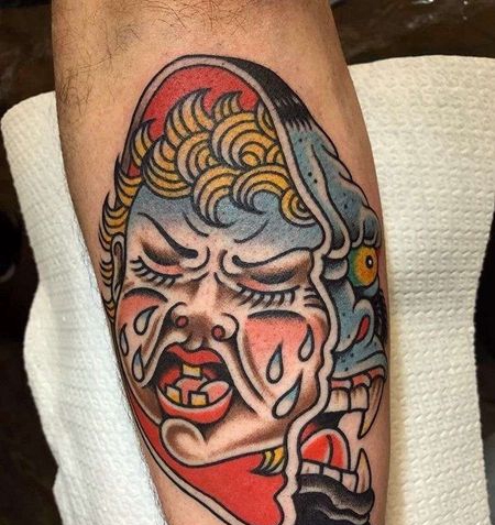 Old School小腿猩猩小孩纹身图案