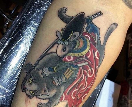 日式小腿老鼠猫纹身图案
