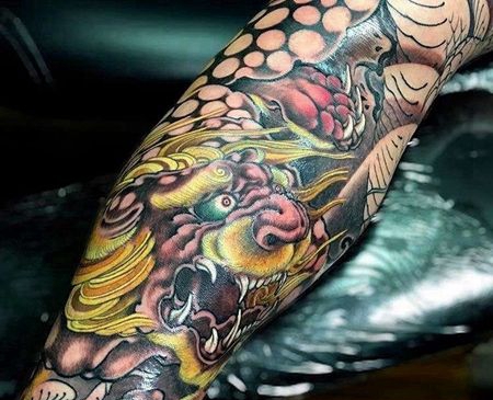 日式小臂狮子纹身图案