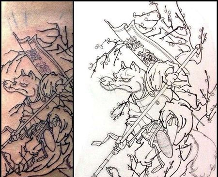 日式侧腰狼纹身图案