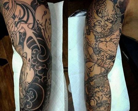 日式胳膊雷神唐狮纹身图案