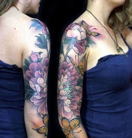 新传统大臂牡丹蝴蝶纹身图案