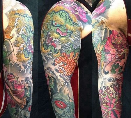 新传统大臂般若唐狮纹身图案