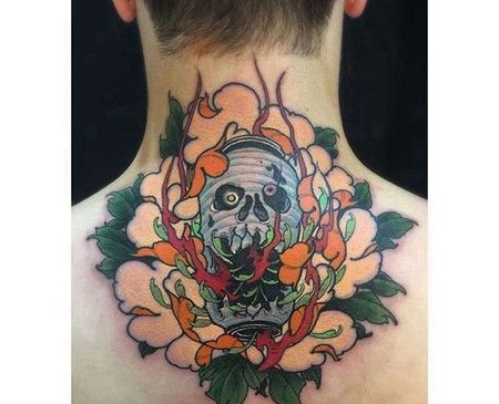 新传统后颈牡丹骷髅纹身图案