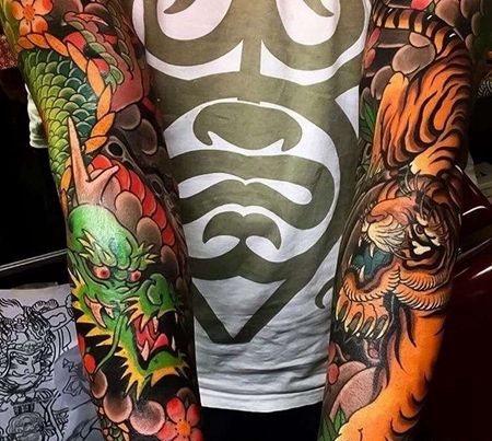 日式小臂龙老虎纹身图案