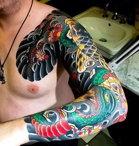 日式胳膊鲤鱼蛇纹身图案