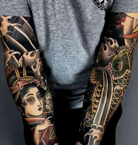 日式小臂艺伎鲤鱼纹身图案